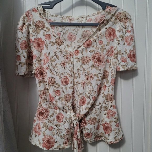 Pink/Tan Floral Print Blouse - Picture 1 of 9